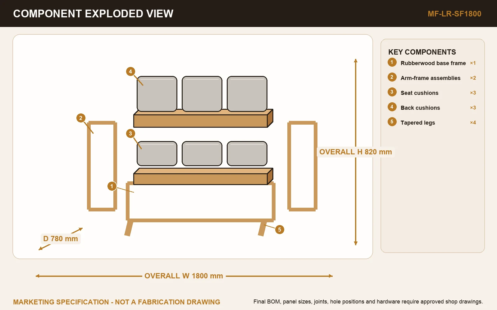 HAVEN 3-SEAT SOFA Exploded view.