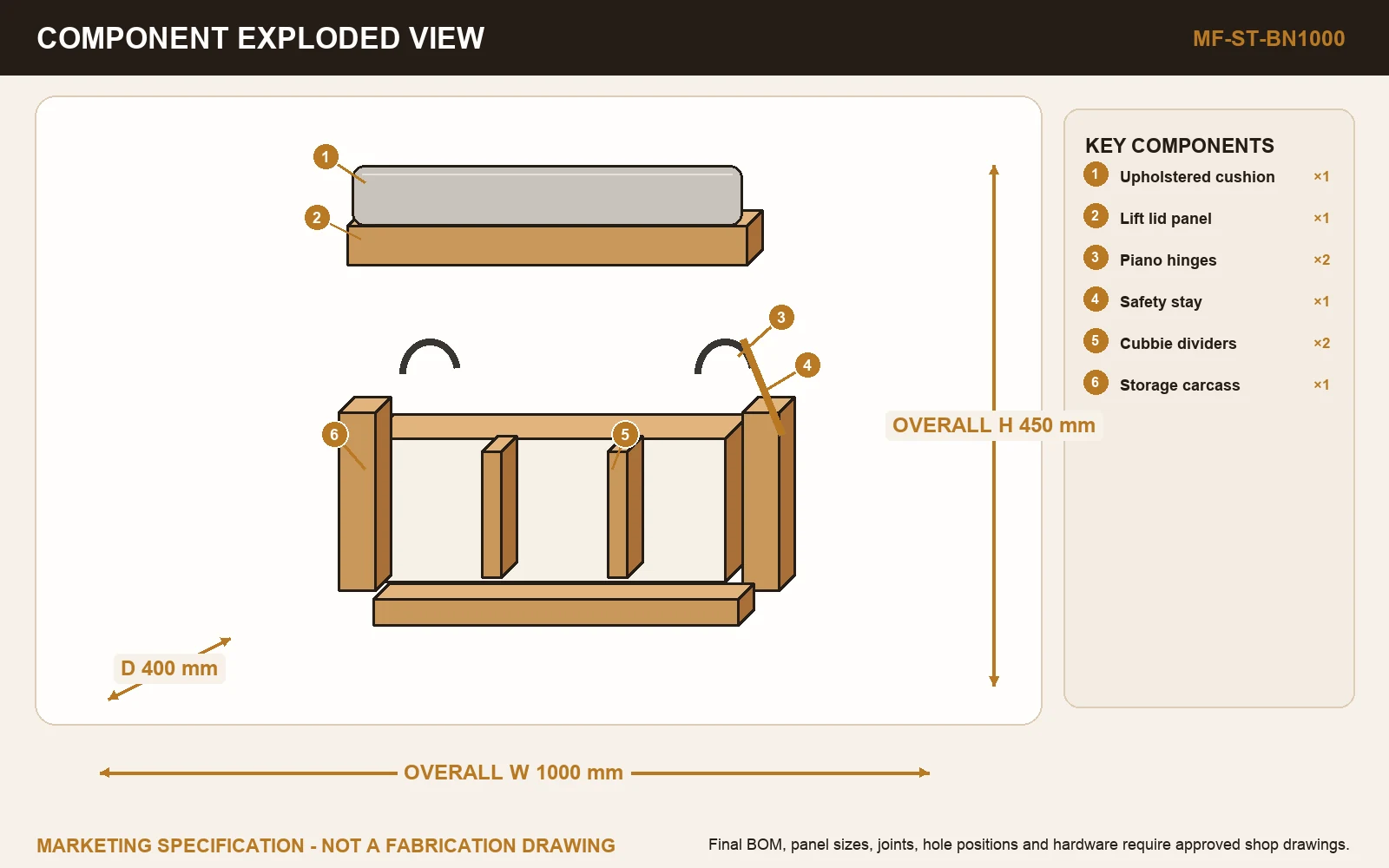 TIDY 1000 STORAGE BENCH Exploded view.