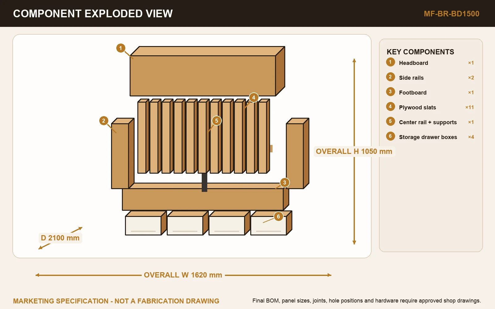 REST QUEEN STORAGE BED exploded construction view
