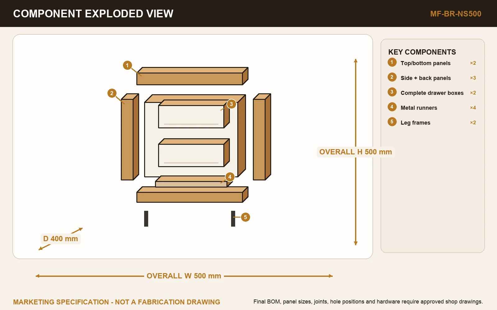 QUIET 2-DRAWER NIGHTSTAND Exploded view.