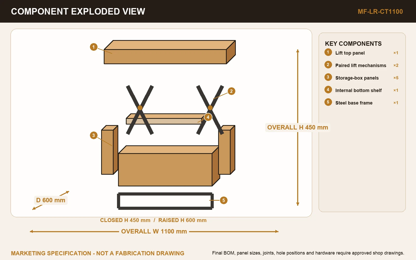 LIFT 1100 COFFEE TABLE exploded construction view