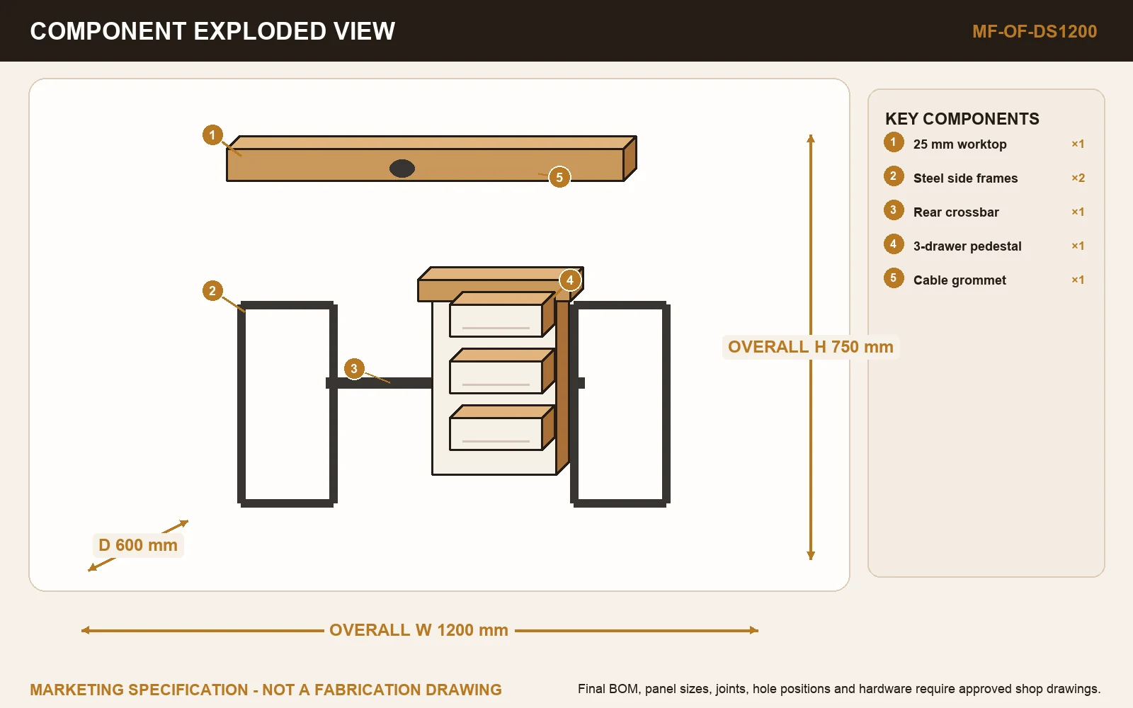 FOCUS 1200 WORK DESK exploded construction view