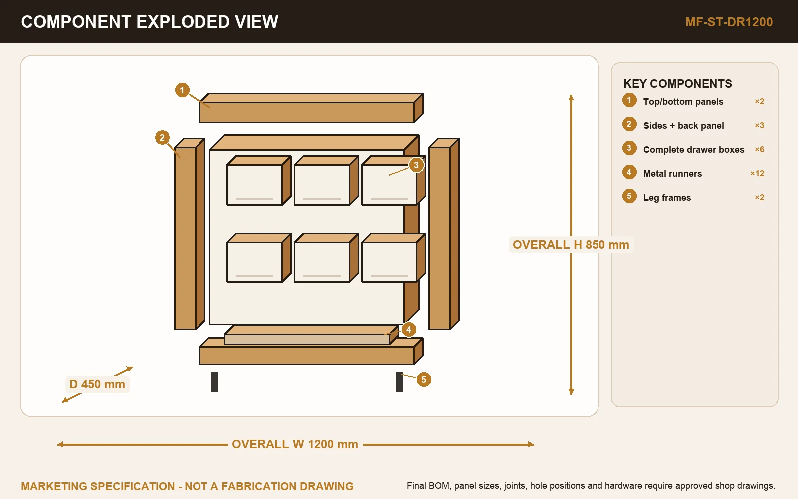 CALM 6-DRAWER CHEST Exploded view.