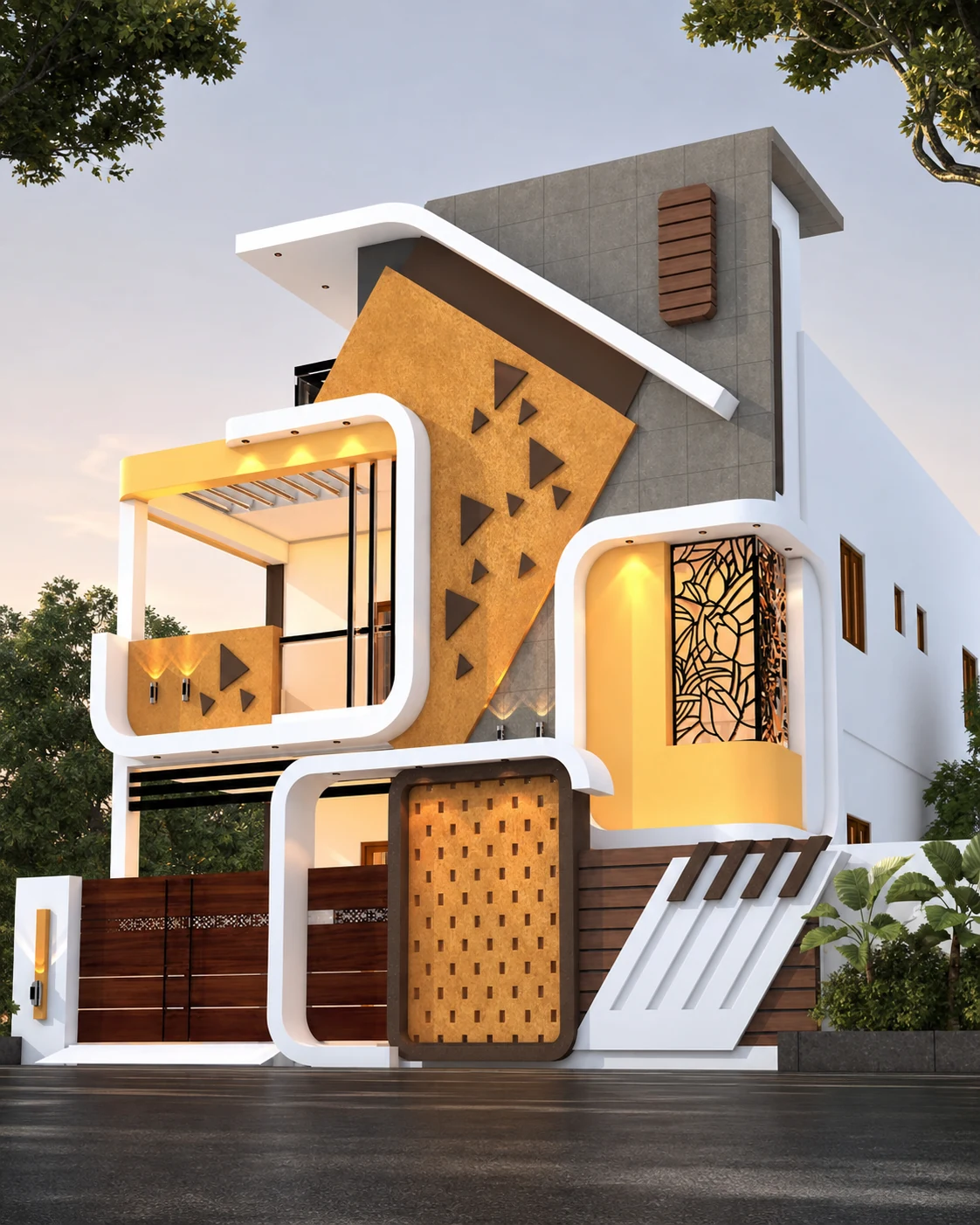 Geometric Warm Modern villa exterior design concept